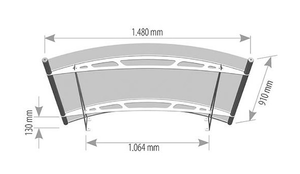 1500mm arched stainless steel and glass canopy technical drawing