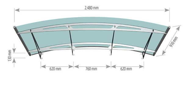 2500mm arched stainless steel and glass canopy technical drawing