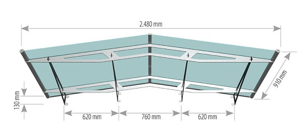 2500mm gable stainless steel and glass canopy technical drawing